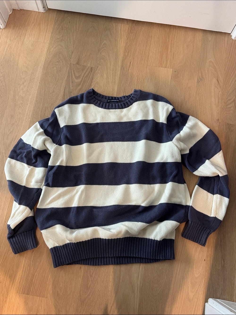 Women's Navy and Cream Striped Crewneck Sweater